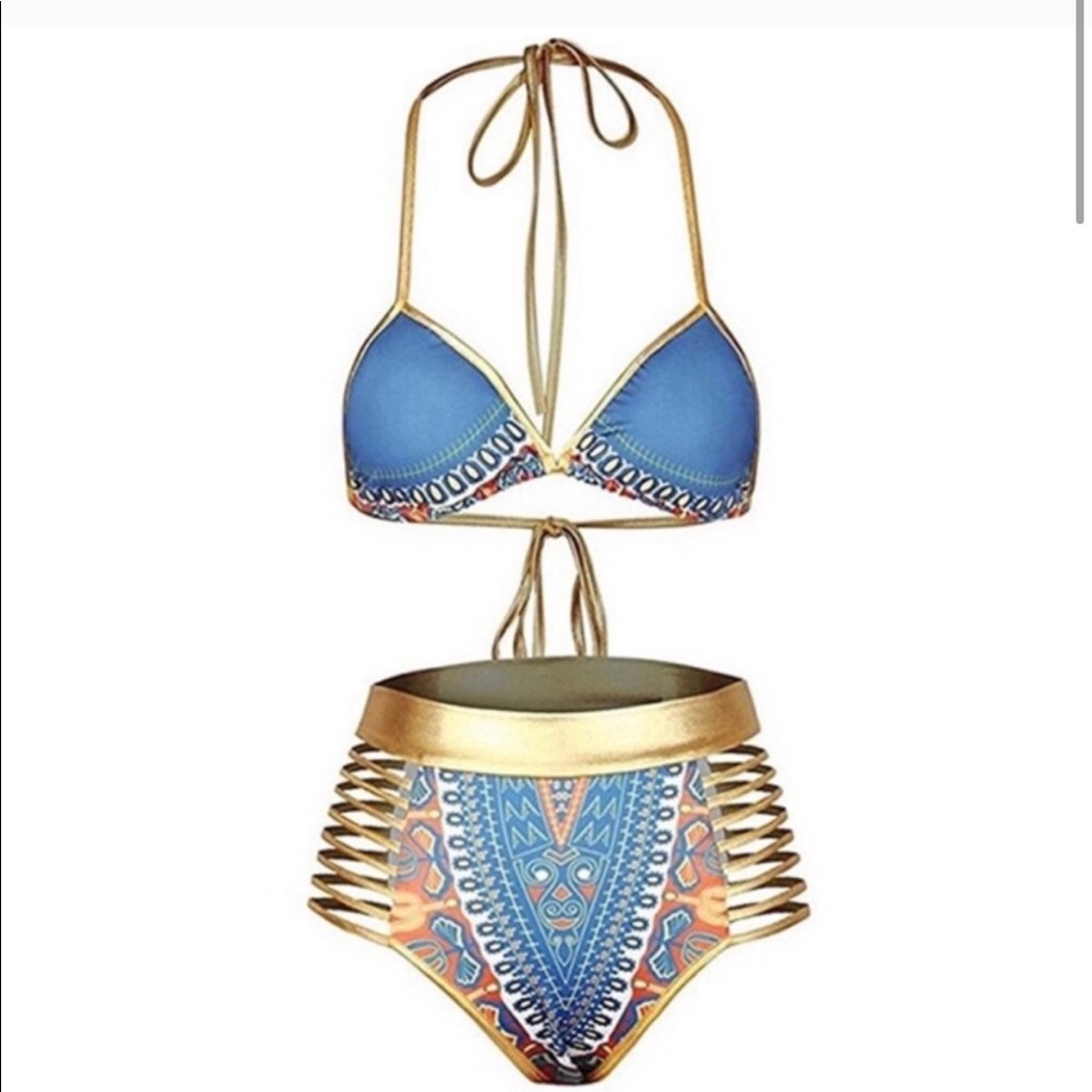 High waisted 2pc blue-gold African print bikini